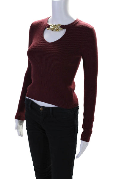 Michael Michael Kors Women's Round Neck Long Sleeves Ribbed Sweater Burgundy Siz