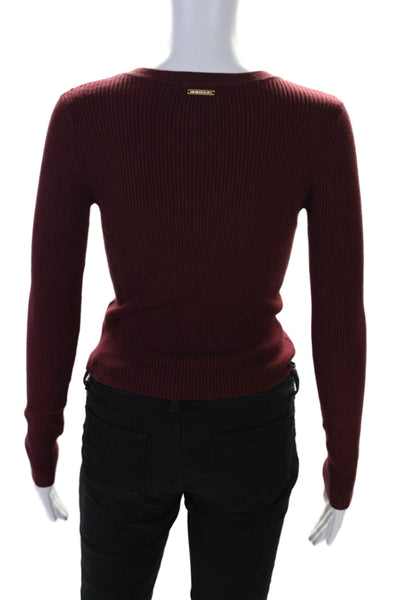 Michael Michael Kors Women's Round Neck Long Sleeves Ribbed Sweater Burgundy Siz