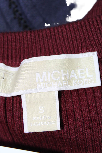 Michael Michael Kors Women's Round Neck Long Sleeves Ribbed Sweater Burgundy Siz