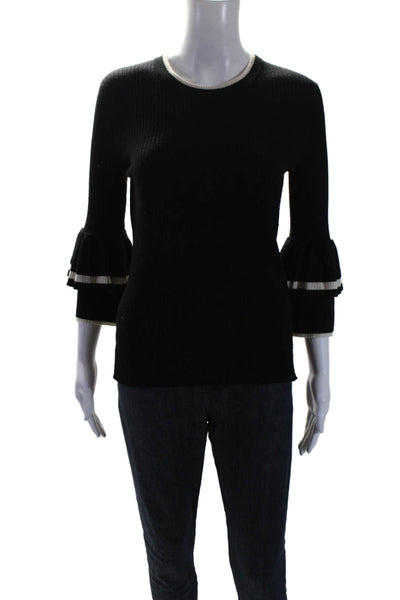 Frame Womens Wool Long Sleeve Ribbed Ruffle Trim Blouse Black Size S