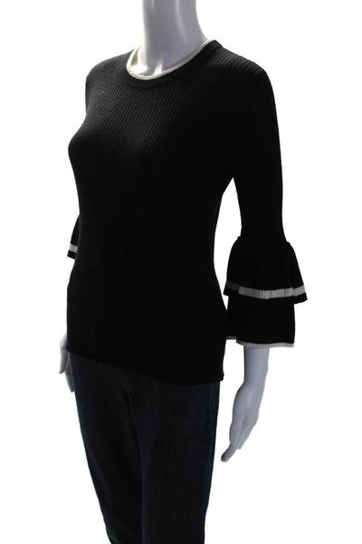 Frame Womens Wool Long Sleeve Ribbed Ruffle Trim Blouse Black Size S