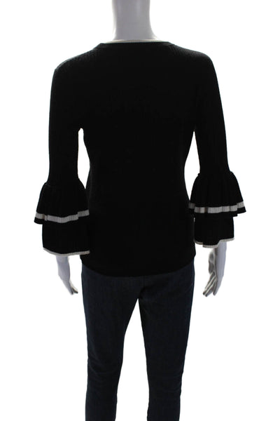 Frame Womens Wool Long Sleeve Ribbed Ruffle Trim Blouse Black Size S