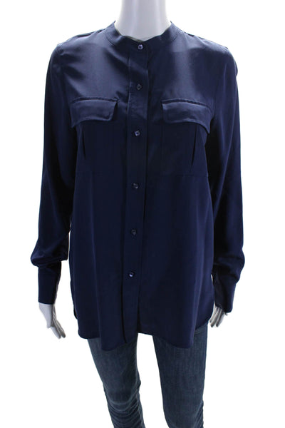 Vince Womens Silk Long Sleeve Round Neck Button Down Blouse Navy Size 4