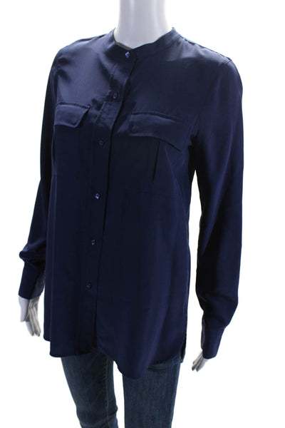 Vince Womens Silk Long Sleeve Round Neck Button Down Blouse Navy Size 4