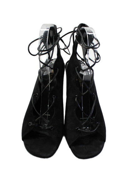 Saint Laurent Womens Black Suede Lace Up Strappy Block Heels Sandals Shoes Size9