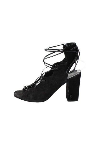 Saint Laurent Womens Black Suede Lace Up Strappy Block Heels Sandals Shoes Size9