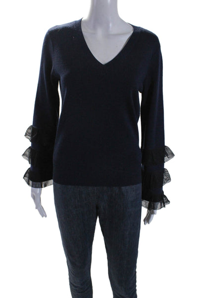 Derek Lam 10 Crosby Womens Wool V Neck Ruffle Trim Knit Top Blue Size M