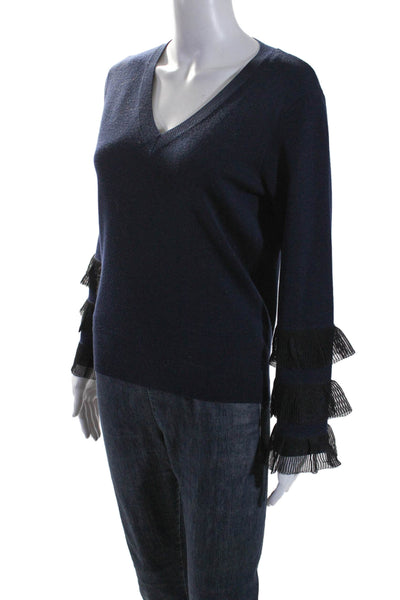 Derek Lam 10 Crosby Womens Wool V Neck Ruffle Trim Knit Top Blue Size M