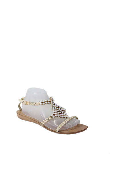 Giuseppe Zanotti Womens Open Toe Embellished Ankle Strap Flats Beige 10