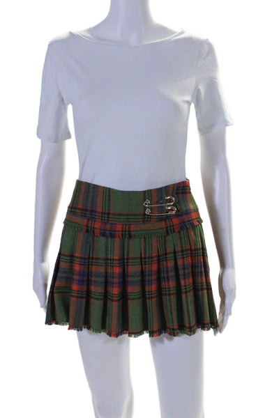 Guizio Womens Wool Plaid Print Pinned Fringed Hem Tiered Mini Skirt Green Size M