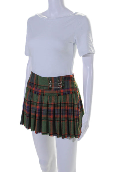 Guizio Womens Wool Plaid Print Pinned Fringed Hem Tiered Mini Skirt Green Size M