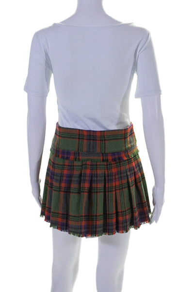 Guizio Womens Wool Plaid Print Pinned Fringed Hem Tiered Mini Skirt Green Size M