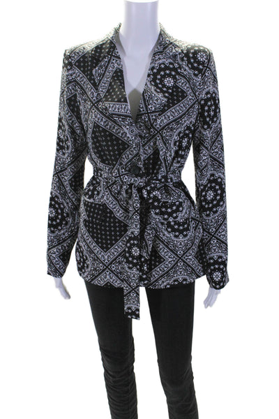 Ovi Women's Long Sleeves Open Front Belted Bandana Print Jacket Black Size S