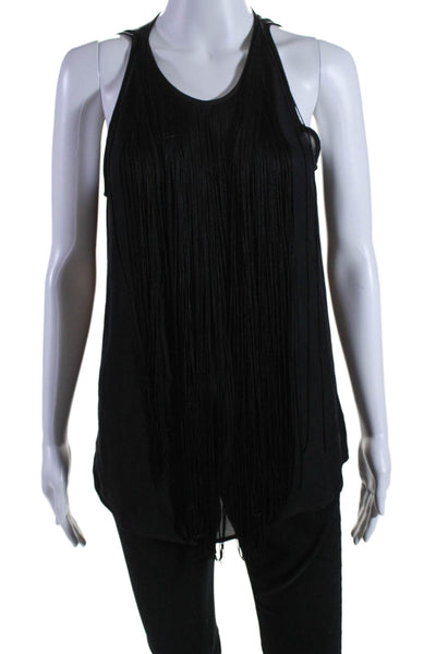 Theory Womens Fringe Trim Round Neck Sleeveless Zip Up Blouse Top Black Size M