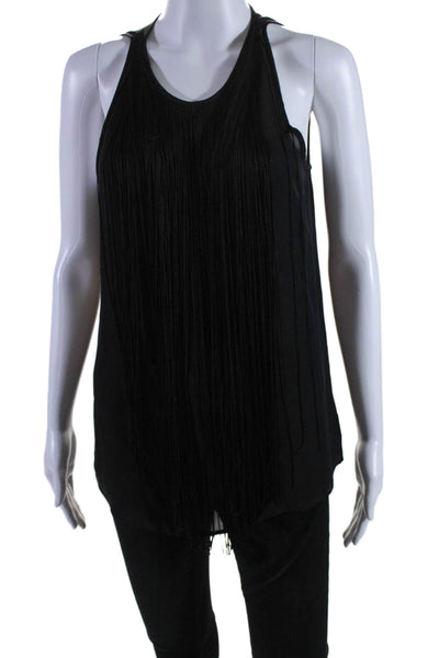 Theory Womens Fringe Trim Round Neck Sleeveless Zip Up Blouse Top Black Size M