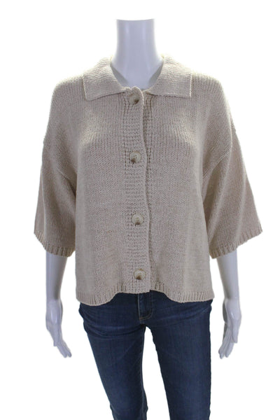 Flat White Womens Short Sleeves Button Down Cardigan Sweater Beige Size Large