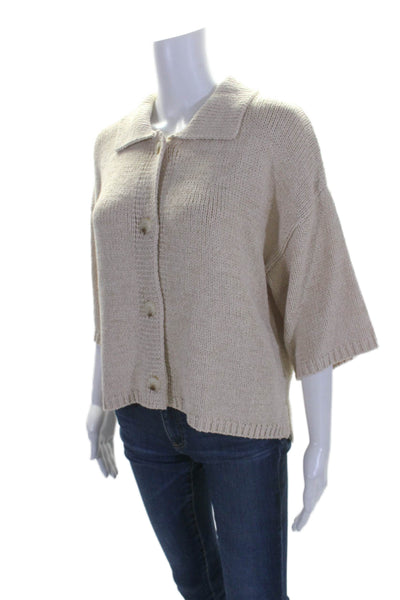 Flat White Womens Short Sleeves Button Down Cardigan Sweater Beige Size Large