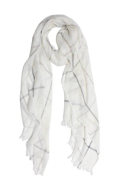 Designer Womens Striped Print Frayed Hem Thin Wrapped Scarf Shawl White