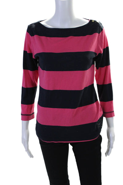 Tory Burch Womens Long Sleeve Side Button Striped Basic Top Pink Small