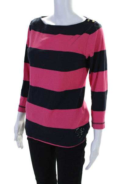 Tory Burch Womens Long Sleeve Side Button Striped Basic Top Pink Small