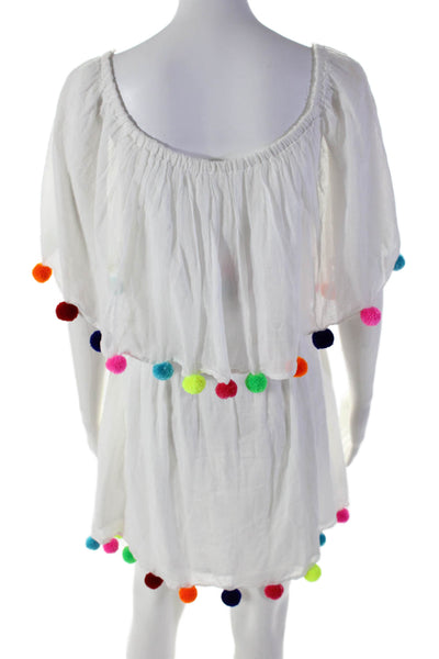 Pitusa Womens Cotton Pom Pom Hem Off The Shoulder Blouson Dress White Size 5