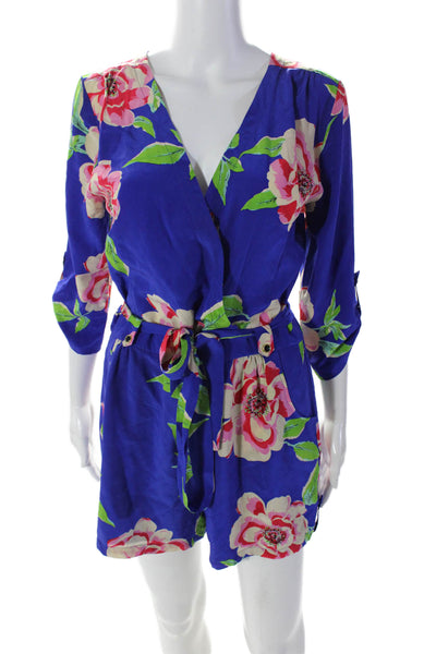 Yumi Kim Womens Silk Floral Print V Neck Belted Romper Blue Size Medium