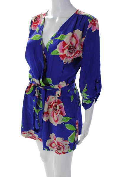 Yumi Kim Womens Silk Floral Print V Neck Belted Romper Blue Size Medium