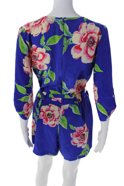 Yumi Kim Womens Silk Floral Print V Neck Belted Romper Blue Size Medium