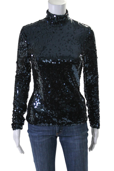 Christian Dior Womens Navy Blue Sequins Mock Neck Long Sleeve Blouse Top Size 6