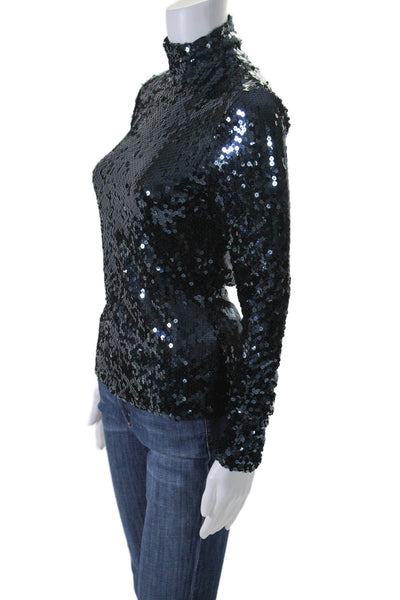 Christian Dior Womens Navy Blue Sequins Mock Neck Long Sleeve Blouse Top Size 6