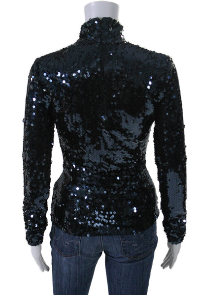 Christian Dior Womens Navy Blue Sequins Mock Neck Long Sleeve Blouse Top Size 6