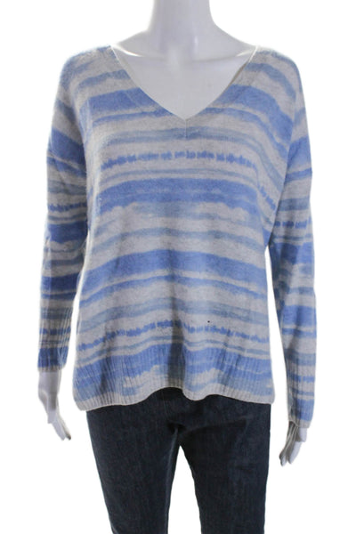 Pure Collection Womens V Neck Wavy Striped Cashmere Sweater Gray Blue Size 6