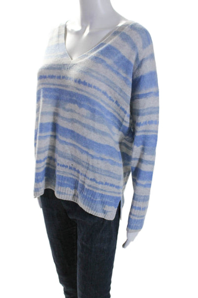 Pure Collection Womens V Neck Wavy Striped Cashmere Sweater Gray Blue Size 6