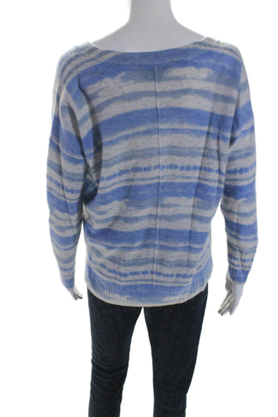 Pure Collection Womens V Neck Wavy Striped Cashmere Sweater Gray Blue Size 6