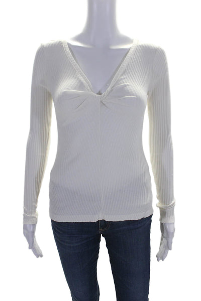 ALC Women's V-Neck Long Sleeves Ribbed Cinch Blouse White Size XS