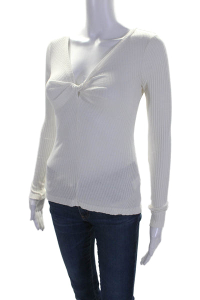 ALC Women's V-Neck Long Sleeves Ribbed Cinch Blouse White Size XS