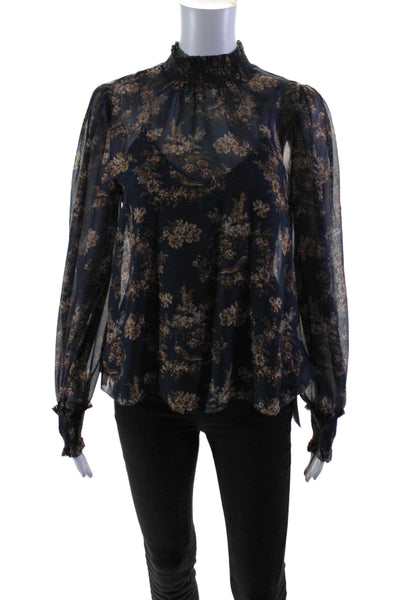 Cami NYC Womens Long Sleeve Smocked Mock Neck Silk Floral Top Navy Size XS