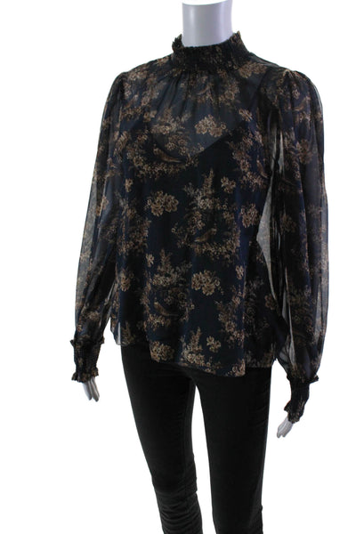 Cami NYC Womens Long Sleeve Smocked Mock Neck Silk Floral Top Navy Size XS