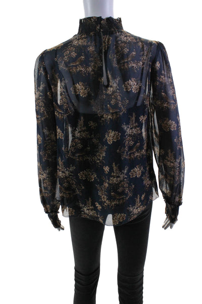 Cami NYC Womens Long Sleeve Smocked Mock Neck Silk Floral Top Navy Size XS