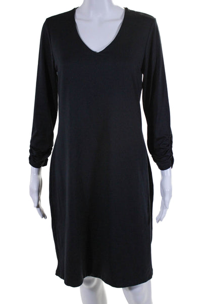 Judy P Womens V-Neck Ruched Long Sleeve Pullover Midi Sheath Dress Black Size M