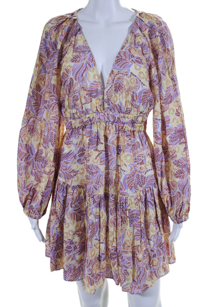 A.L.C. Womens Abstract Print V-Neck Long Sleeve Empire Waist Dress Yellow Size 4