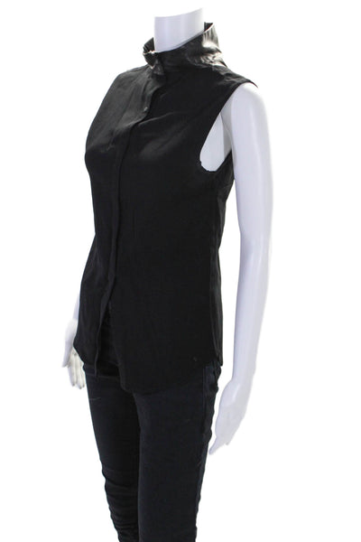 ALC Womens Mock Neck Leather Trim Sleeveless Blouse Black Size 2