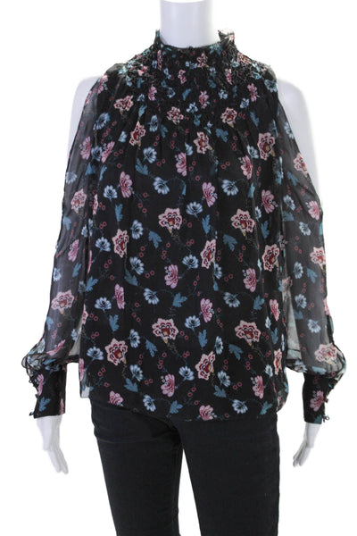 Intermix Womens Silk Long Sleeve Floral Cold Shoulder Blouse Black Size P