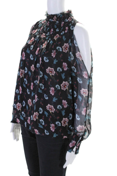 Intermix Womens Silk Long Sleeve Floral Cold Shoulder Blouse Black Size P