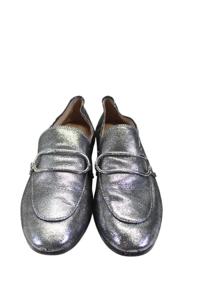 Karl Lagerfeld Womens Slip On Front Buckle Flat Shoes Leather Silver 6.5