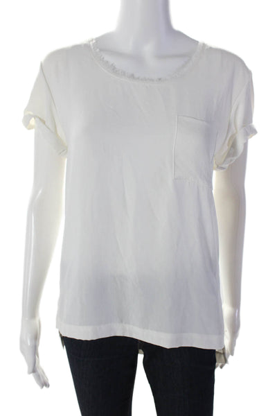 Rag & Bone Womens Fringed Trim Scoop Neck Cuff Short Sleeve Blouse White Size S