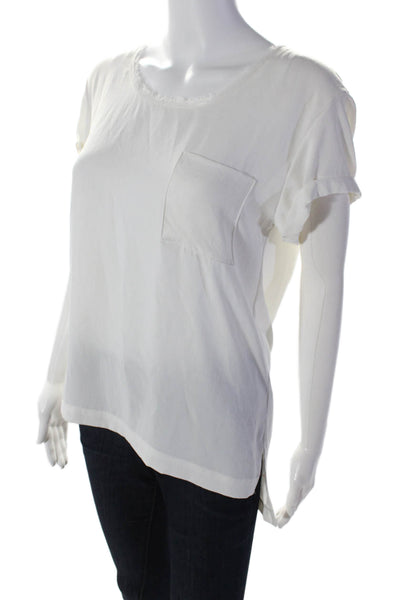 Rag & Bone Womens Fringed Trim Scoop Neck Cuff Short Sleeve Blouse White Size S