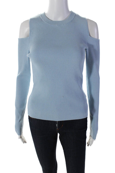 Intermix Womens Ribbed Round Neck Long Sleeve Cold Shoulder Top Blue Size M