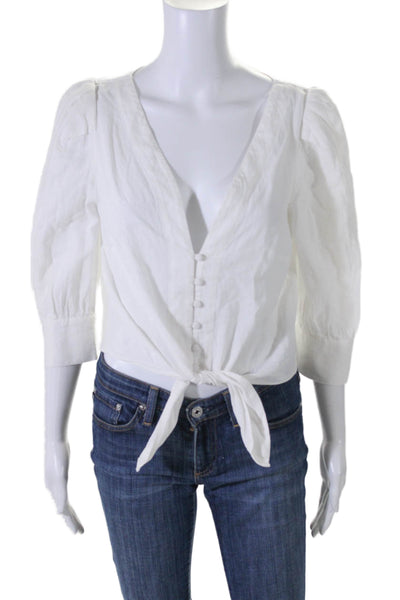 Intermix Women's V-Neck Short Sleeves Button Up Tie Front Blouse White Size 4