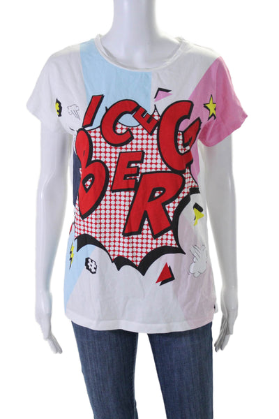 Iceberg Womens Short Sleeve Comic Logo Graphic Tee Shirt White Multi Size IT 38